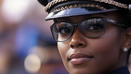 portrait of a black female police officer, wearing a uniform and cap 