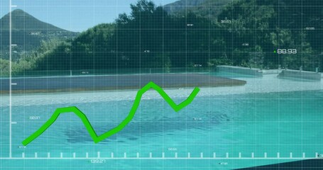 Poster - Green line graph animation over swimming pool with mountains in background