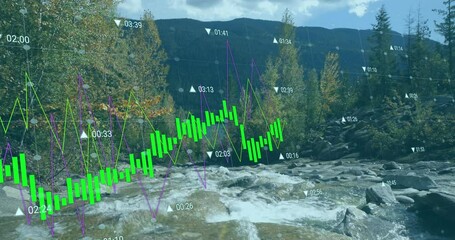 Poster - Stock market data animation over mountain stream and forest landscape