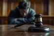 © jex - Close-up of a gavel on a table with a blurred, sorrowful defendant man in the background at a court. A wooden judge's hammer in a tribunal room.