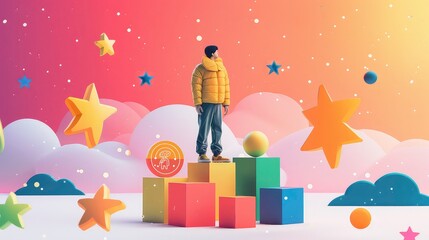 A man in a yellow puffer jacket standing on a platform in a colorful and abstract 3D background with stars, clouds and spheres.