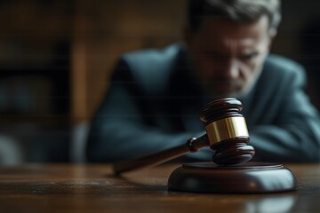 Close-up of a gavel on a table with a blurred, sorrowful defendant man in the background at a court. A wooden judge's hammer in a tribunal room.