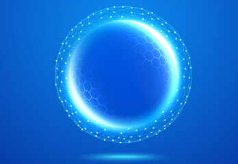 Spherical protective energy dome with global network connections on blue background. Cybersecurity shield, internet safety, healthcare.