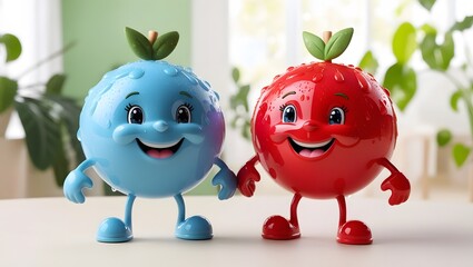 Two cute fruit cartoons smiling happily.