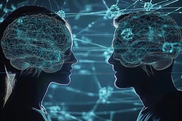 Sticker - Futuristic digital art piece depicting two individuals with glowing neural networks connecting their minds symbolizing intellectual synergy and advanced cognitive processes