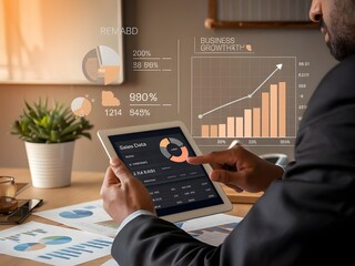 Businessman sitting at a desk, using a tablet to analyze sales data and financial reports