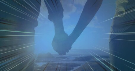 Wall Mural - Holding hands, couple walking over bright light burst animation