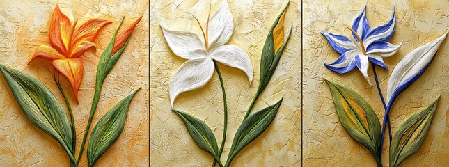 Wall Mural - Different colors and sizes of flowers painted in three different paintings