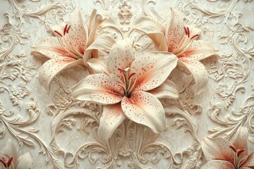 Wall Mural - A stunning stucco arrangement featuring three white flowers with pink centers