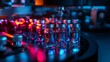 © ikkilostd - Close-up of glass vials in a high-tech lab setting with colorful lighting.