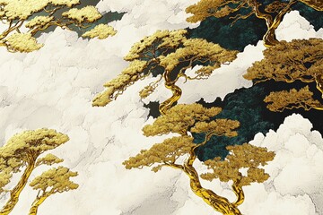 Relief painting of a mountain landscape in gold and white