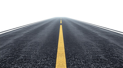 Straight hight way asphalt road with yellow center line isolated on transparent background, PNG