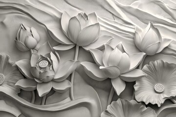 Wall Mural - Arrangement of white flowers with daisies, roses, and more, decorated with stucco relief