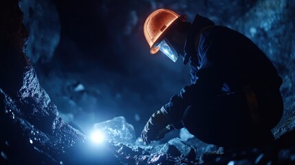 Underground mine engineer performing a final safety check before detonating explosives, ensuring all protocols are followed