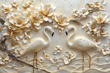 A gold wall is adorned with two white flamingos