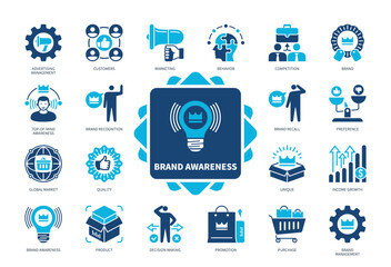 Brand Awareness icon set. Customers, Marketing, Promotion, Purchase, Brand, Competition, Preference, Behavior. Duotone color solid icons