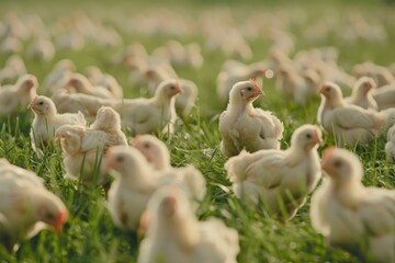 Wall Mural - A group of chickens standing together in a lush green field, great for farm or countryside themed projects