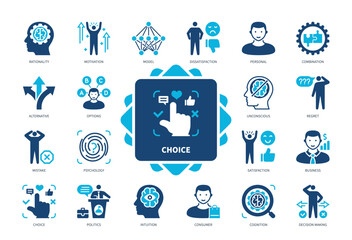 Choice icon set. Alternative, Options, Intuition, Satisfaction, Rationality, Psychology, Consumer, Regret. Duotone color solid icons