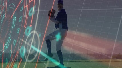 Poster - Baseball player pitching over data analysis animation on field