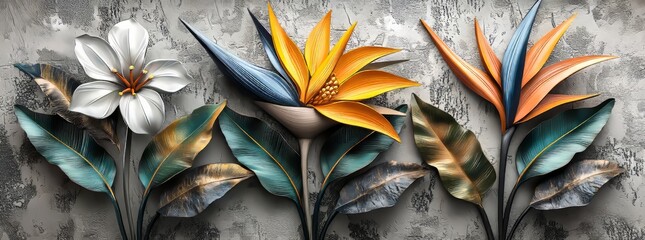 Wall Mural - There are three paintings of flowers in different colors and sizes