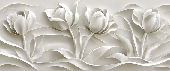 Wall Mural - Four flowers are in the center and three are on the left of this white flower painting