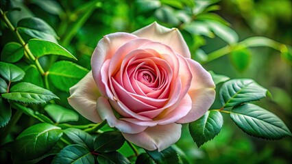 Delicate soft pink rose petal unfurls amidst lush green foliage, showcasing intricate textures and veiny patterns under gentle, warm natural light in a serene atmosphere.