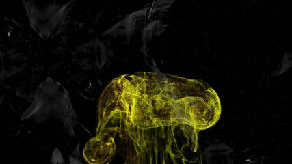 Poster - Yellow abstract shape animation over dark background with flowing lines and particles