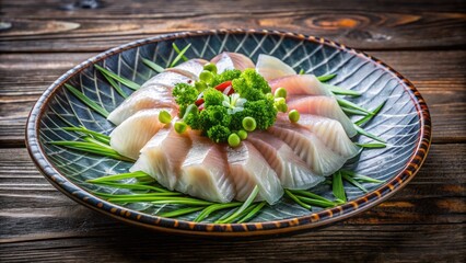 Exotic Japanese delicacy, blowfish sashimi arranged artfully on ornate ceramic plate, garnished with fresh green onions and sliced daikon, against a subtle woodgrain background.