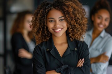 Canvas Print - A group of women stand together, one in the foreground with curly hair