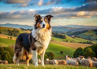 Focused Australian sheepdog with intense eyes and wagging tail stands proudly in a rural landscape, surrounded by rolling hills and scattered sheep.