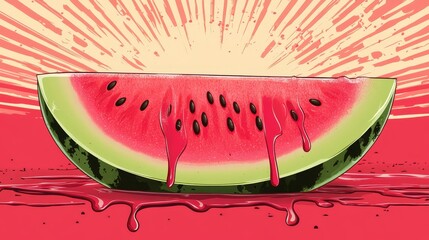 Juicy Watermelon Slice with Dripping Red Juice and Sunburst Background