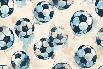 A pattern of soccer balls in blue and white