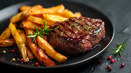 Beef Steak medium rare with French fries on a black plate. Dark background.