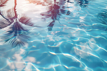 The water is calm and blue, with a palm tree reflected in the surface