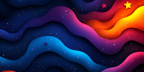 Aufkleber - Colorful abstract waves with stars against a dark night sky background in a digital artwork setting
