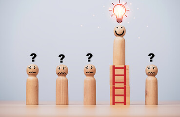Poster - Smile wooden figure standing on the top of ladders with glowing lightbulb among question figure for problem solving solution and creative thinking idea concept.