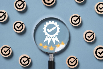 Fototapete - Best quality assurance and golden five stars inside of magnifier glass with correct sign mark  for focus guarantee product and ISO service concept.