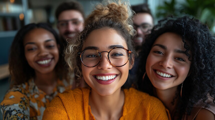 Diverse group of colleagues smiling for a selfie in a modern office, showcasing camaraderie and inclusivity in a casual work environment