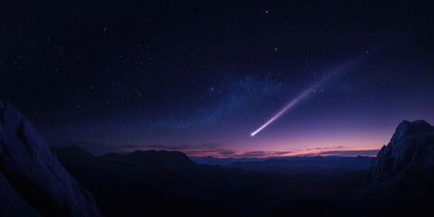 Wall Mural - comet with a long curved tail illuminates the night sky over majestic mountains