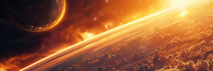 Wall Mural - stunning view of a vibrant exoplanet landscape with glowing sun and distant celestial body in a colo