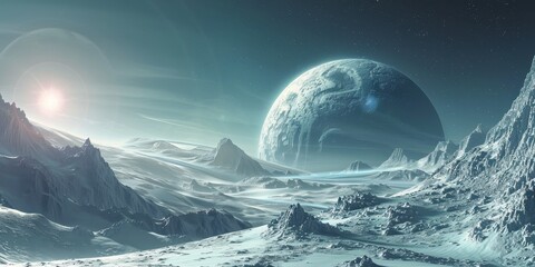 Wall Mural - concept of an icy exoplanet landscape with distant celestial bodies illuminated by faint starlight i