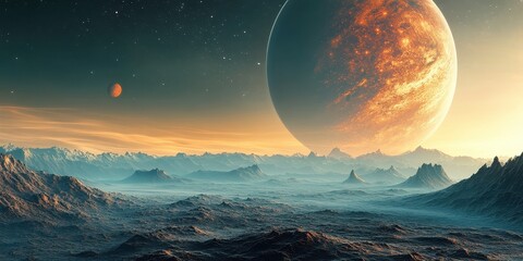 Wall Mural - a breathtaking exoplanetary landscape featuring a massive planet hovering over a rugged terrain unde