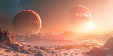 Wall Mural - Stunning visualization of two exoplanets against a vibrant cosmic backdrop at sunset in an alien landscape
