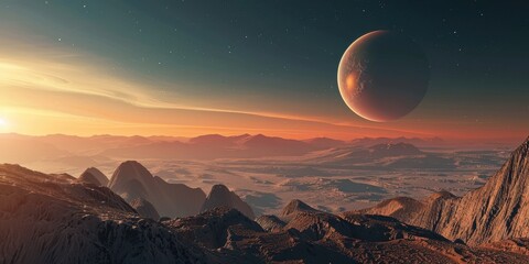 Wall Mural - Epic view of a distant exoplanet rising over rugged mountains in a vibrant alien landscape during a stunning sunrise