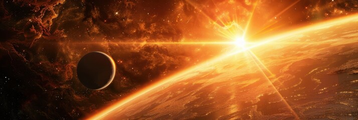 Wall Mural - close-up view of an exoplanet's atmosphere illuminated by its star, showcasing dynamic cosmic featur