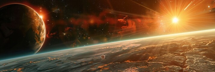 Wall Mural - Close-up view of an exoplanet's atmosphere illuminated by its nearby star in a deep space setting