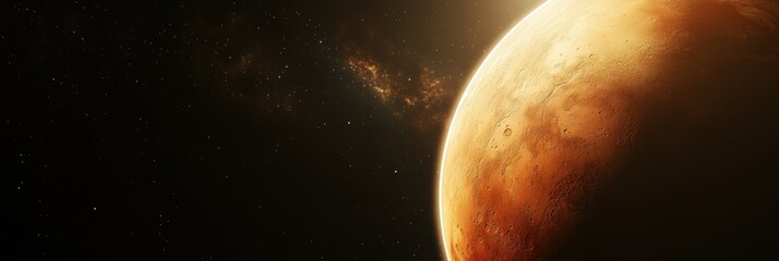 Wall Mural - View of the Martian upper atmosphere illuminated against the vastness of black space showcasing the planet's distinctive surface features