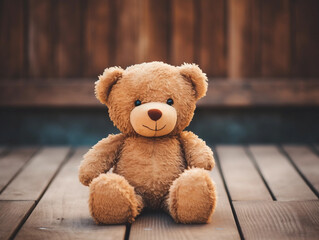 Wall Mural - Brown Teddy Bear Sitting on Wooden Floor