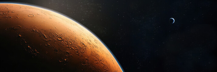 Wall Mural - Mars upper atmosphere with Earth visible in the distance against the backdrop of black space