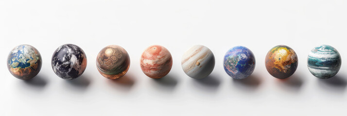 Wall Mural - A diverse collection of realistic exoplanets arranged on a white background showcasing unique textures and colors